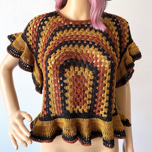 Crochet Knit Top Boho Chic Ruffled Crop Sweater Groovy Hippie Bohemian ZARA M - Picture 5 of 5